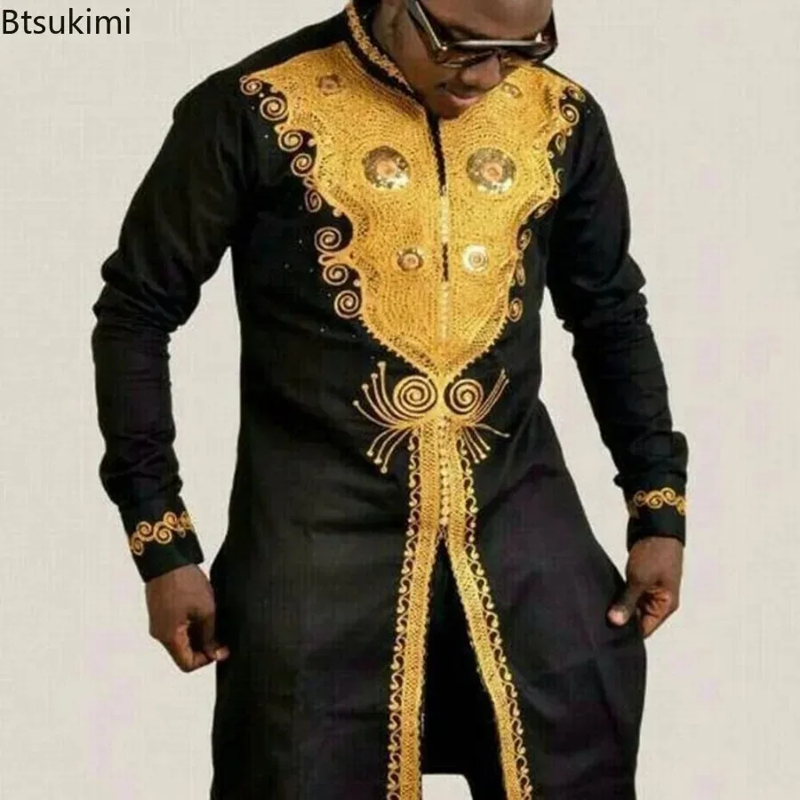 2026 Men's Clothing Stand Collar Golden Print Long Sleeve Shirt Trendy Hip Hop Africa Casual Clothes Ethnic Style Mid-Length Top