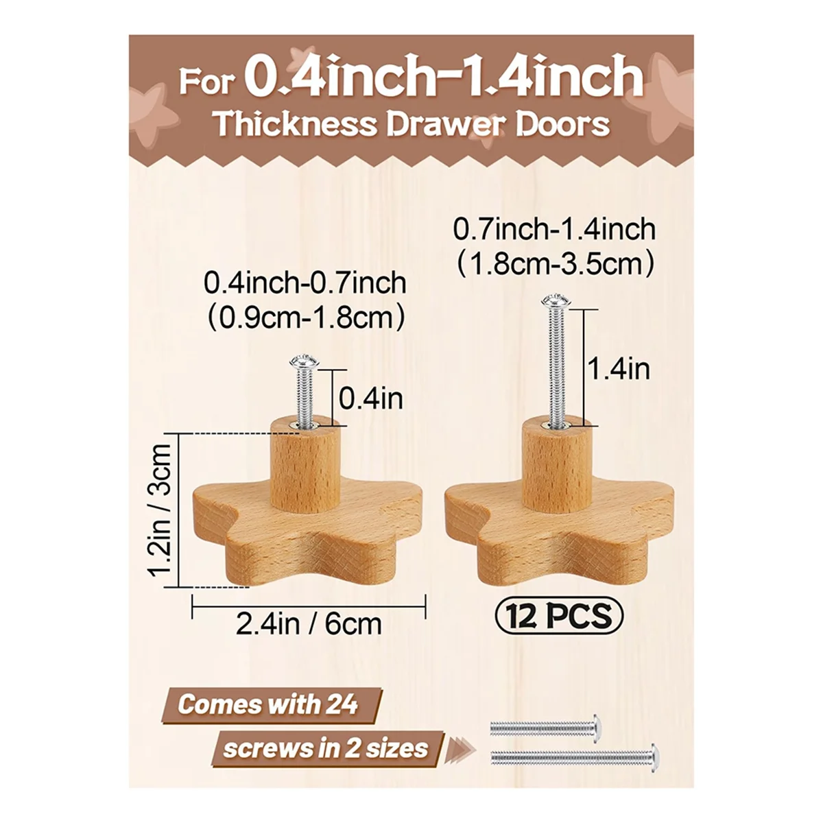 ボヘミアン-ドレッサー-ノブ-12-パック-木製引き出しノブ-星型木製ドレッサー-プル-24-ネジ付き-キャビネット、家具用