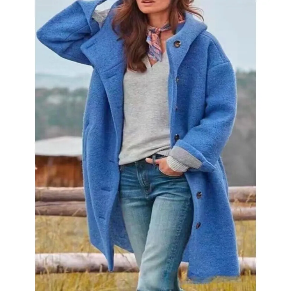 Winter New Solid Color Woolen Hooded Coat Women Fashion Casual Loose Pocket Cardigan With Trousers Female Woolen Coat Streetwear