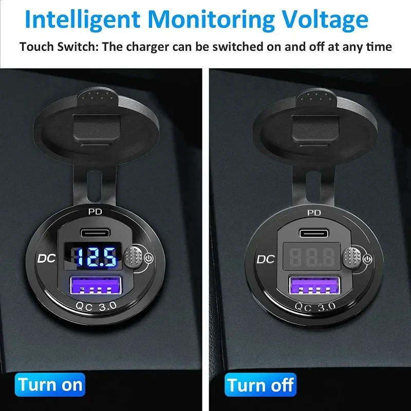 Cyfrowy wyświetlacz napięcia Ładowarka samochodowa, szybka ładowarka ze stopu aluminium z wbudowanym kablem, adapter Quick Charge 3.0 do samochodu/ciężarówki/kampera