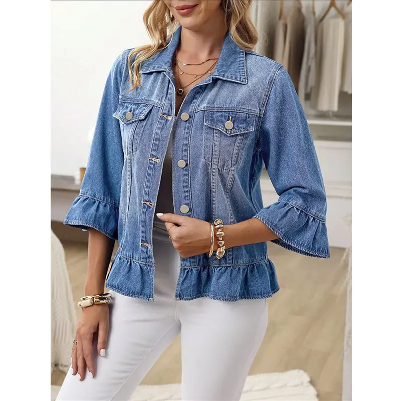 Chaqueta vaquera de lujo con volantes para mujer, estilo corto, manga acampanada, abotonada, estilo dulce, tops, chaqueta gótica Harajuku