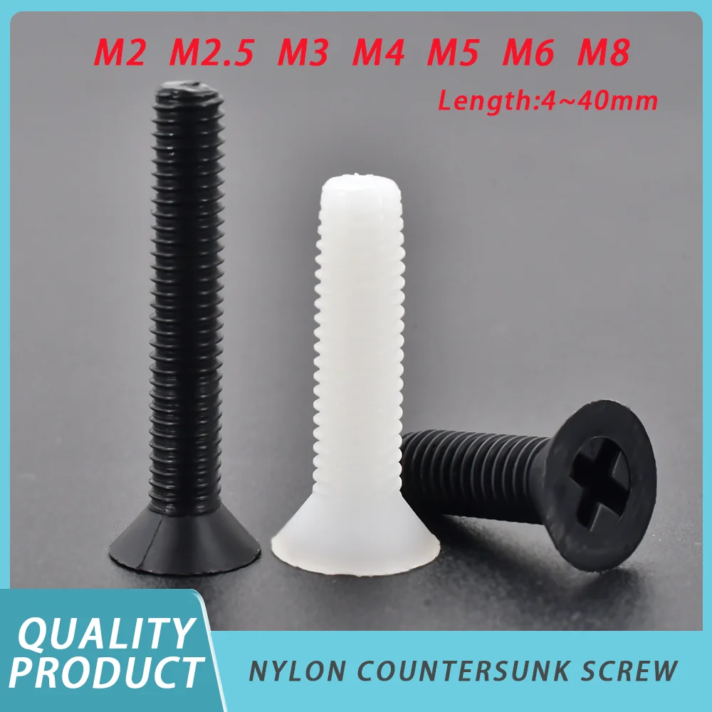 

White/Black Nylon Plastic Countersunk Bolt M2 M2.5 M3 M4 M5 M6 M8 Flat Head Screws Countersunk Phillips Bolts Length:4~40mm