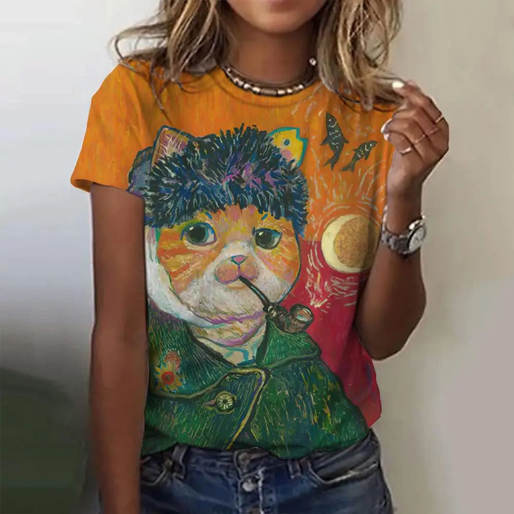 

Abstract Art Cat Pattern Print Fashion Devise Women's T-shirts Summer Casual Animal Short Sleeves Tees Trend Female Clothing Top