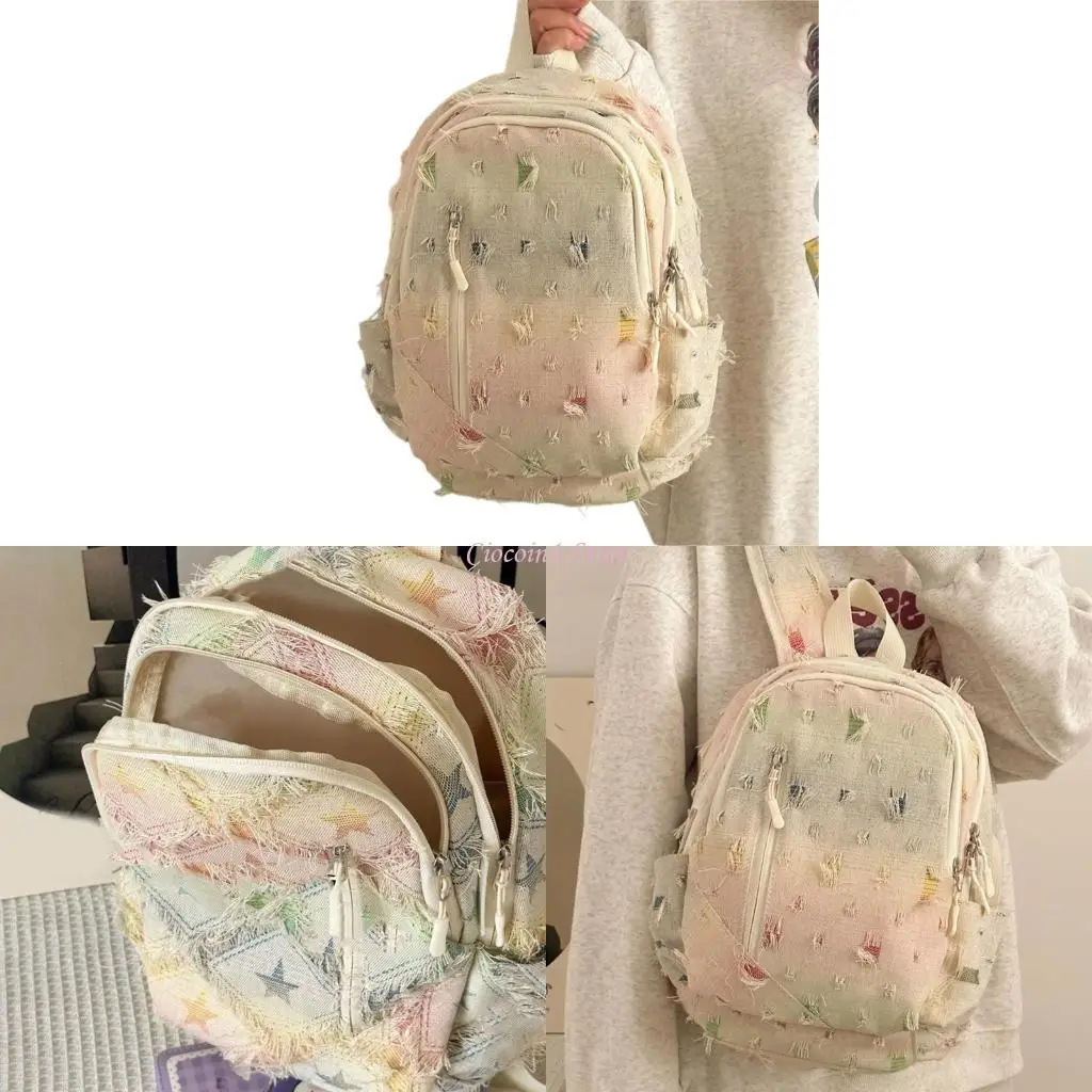 

Y1UB Aesthetic Colorful Ripped Denims School Bag Large Capacity Distressed Backpack Student Book Bag for Women Teen Girls