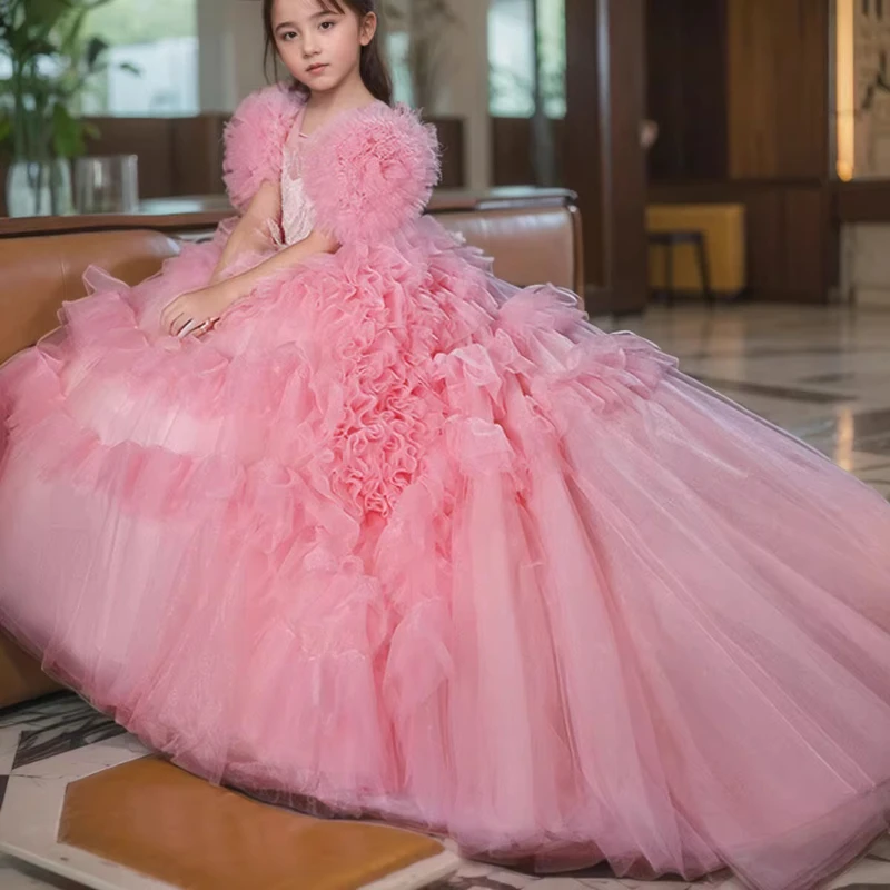 Pink Girls Birthday Dress with Train Puffy Princess Celebration Gown Children Eid Gifts Gown Kids Host Performance Formal Party