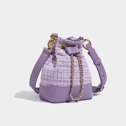 Women Fashon Bucket Bag Pu Patchwork Tweed String Handbags Large Capacity Female Casual Messenger Bags  All-Match Shoulder Packs