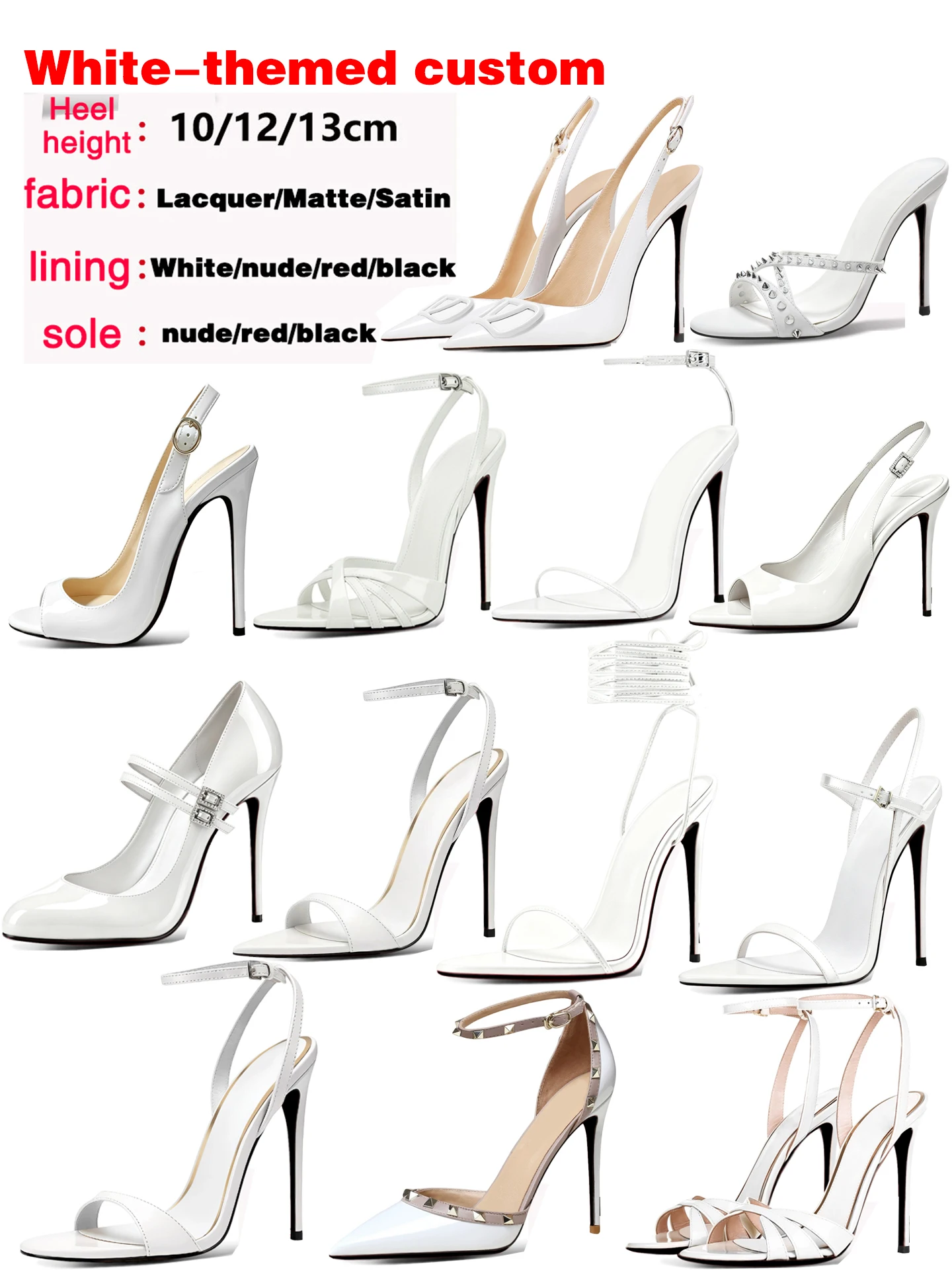 White Custom Peep-Toe Mule Sandals for Women, Shallow Cut, Plus Size, 13cm Ultra-High Heels