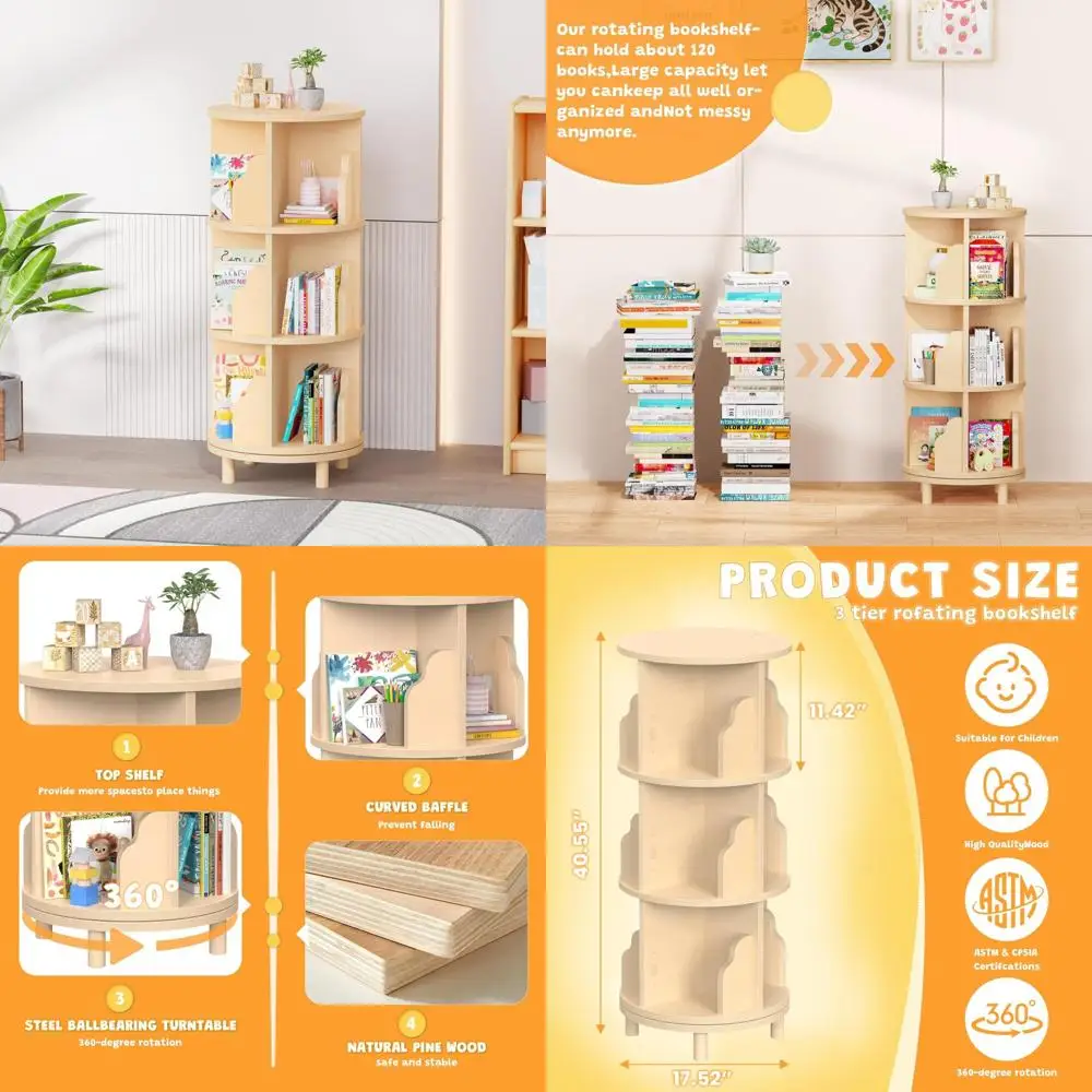 

3-х уровневая деревянная вращающаяся книжная полка на 360 градусов для малышей, вращающийся органайзер в стиле Монтессори с длинным хвостом для хранения.