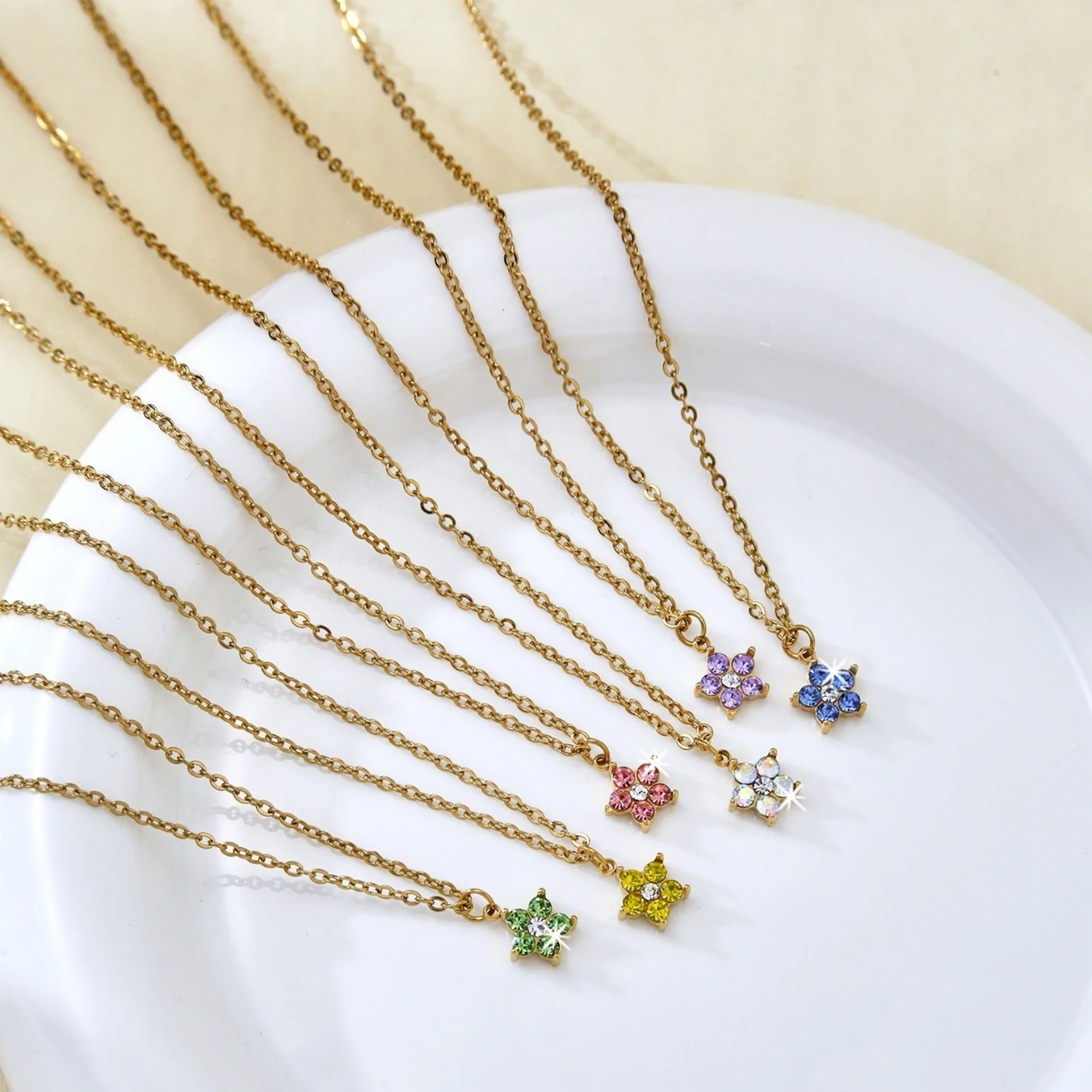 1pc Exquisite Multicolor Rhinestone Star Pendant Necklace Gold Plated Stainless Steel Link Cable Chain Necklace Women Jewelry