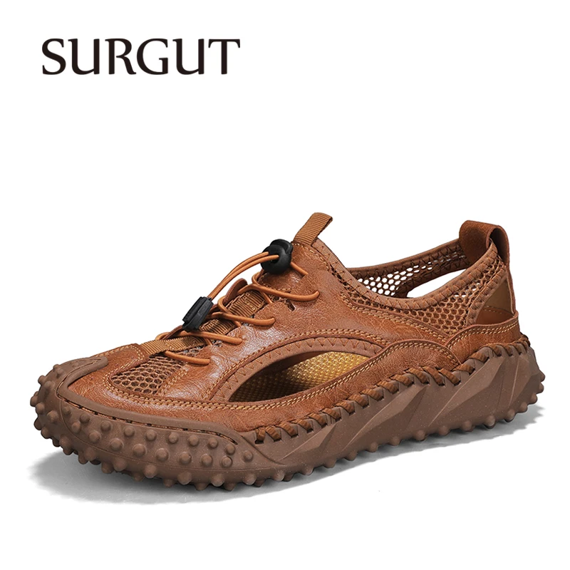 SURGUT Summer Men Sandals Anti-Collision Toe Cap Slip-Resistant Breathable Mesh Rubber Sole Fashion Shoes Big Size 38-48