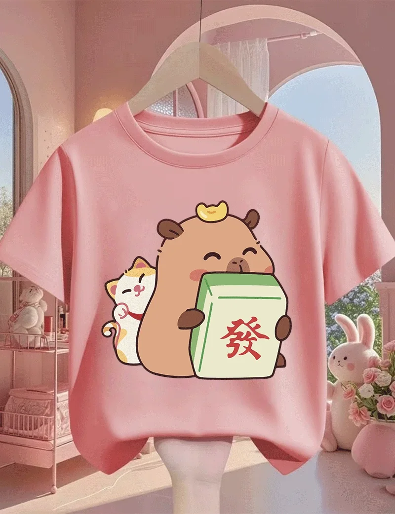 

2026 Simple Daily Style 2D Capybara Cartoon Short Sleeve Printed Tee For Kids