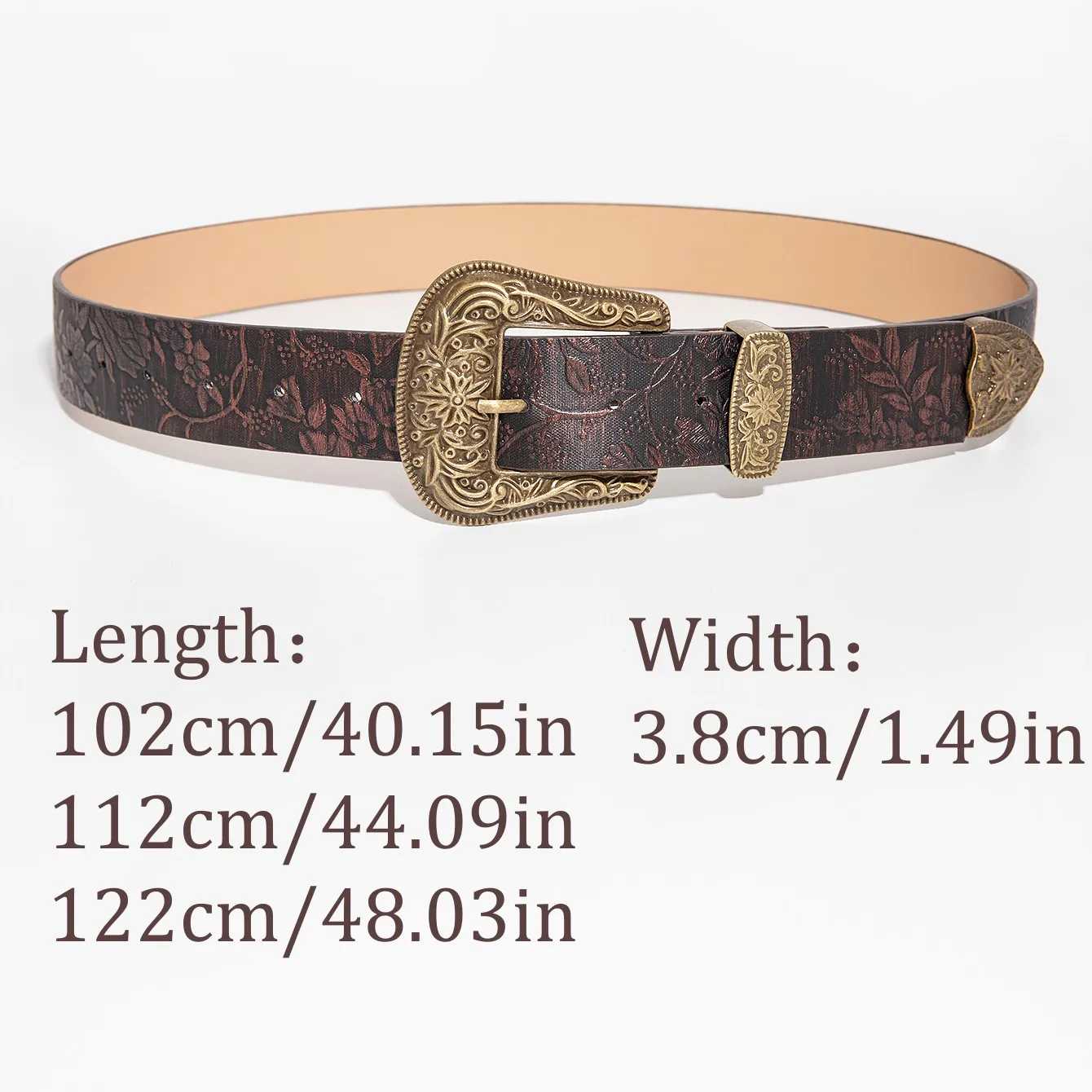 Kaffeebrauner Vintage-Gürtel für Damen im Western-Stil mit geprägten Ahornblattmuster. – Detail 1