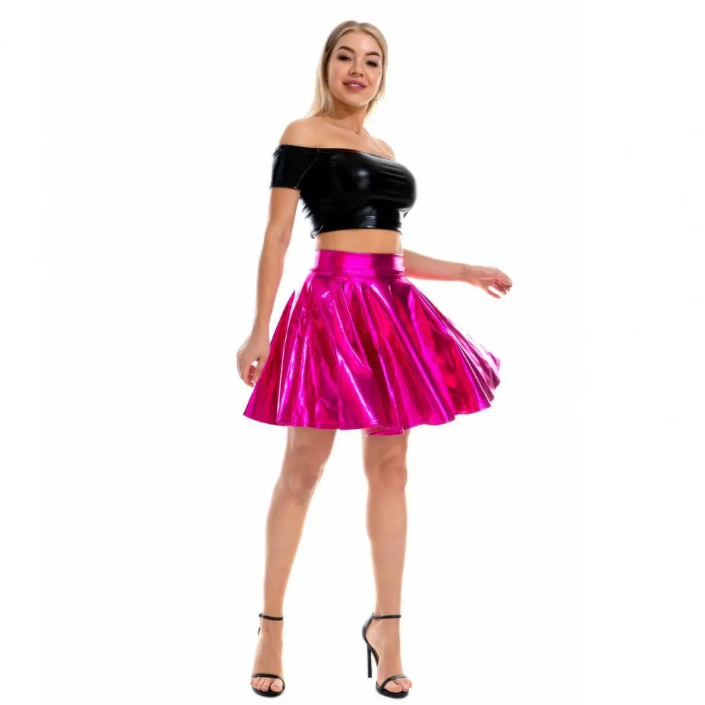 Pleated Swing Skirt Metal Skater Skirt Women's Faux Leather A-line Pleated Mini Skirt with High Elastic Waist Solid for Big