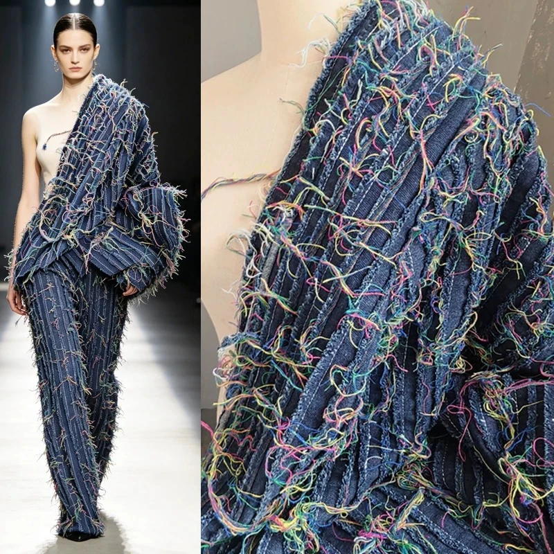 Textured Cutwork Denim Fabric Multicolor Lines Playful Distressed Vintage Creative Streetwear Bag Coat DIY Sewing Accessories