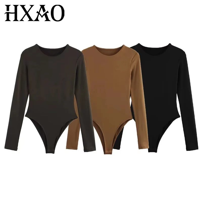 HXAO Thongs Bodysuit Women Body Sexy Women Spring Black Brown Darkbrown Sexy Tops Long Sleeve O-Neck Slimming Rave Bodysuit 2025