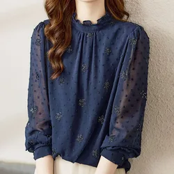 2023 Novo Temperamento High-End Elegante Moda Chiffon Manga Comprida Blusas Pullovers para Mulheres Senhora do escritório All-match Tops Chique