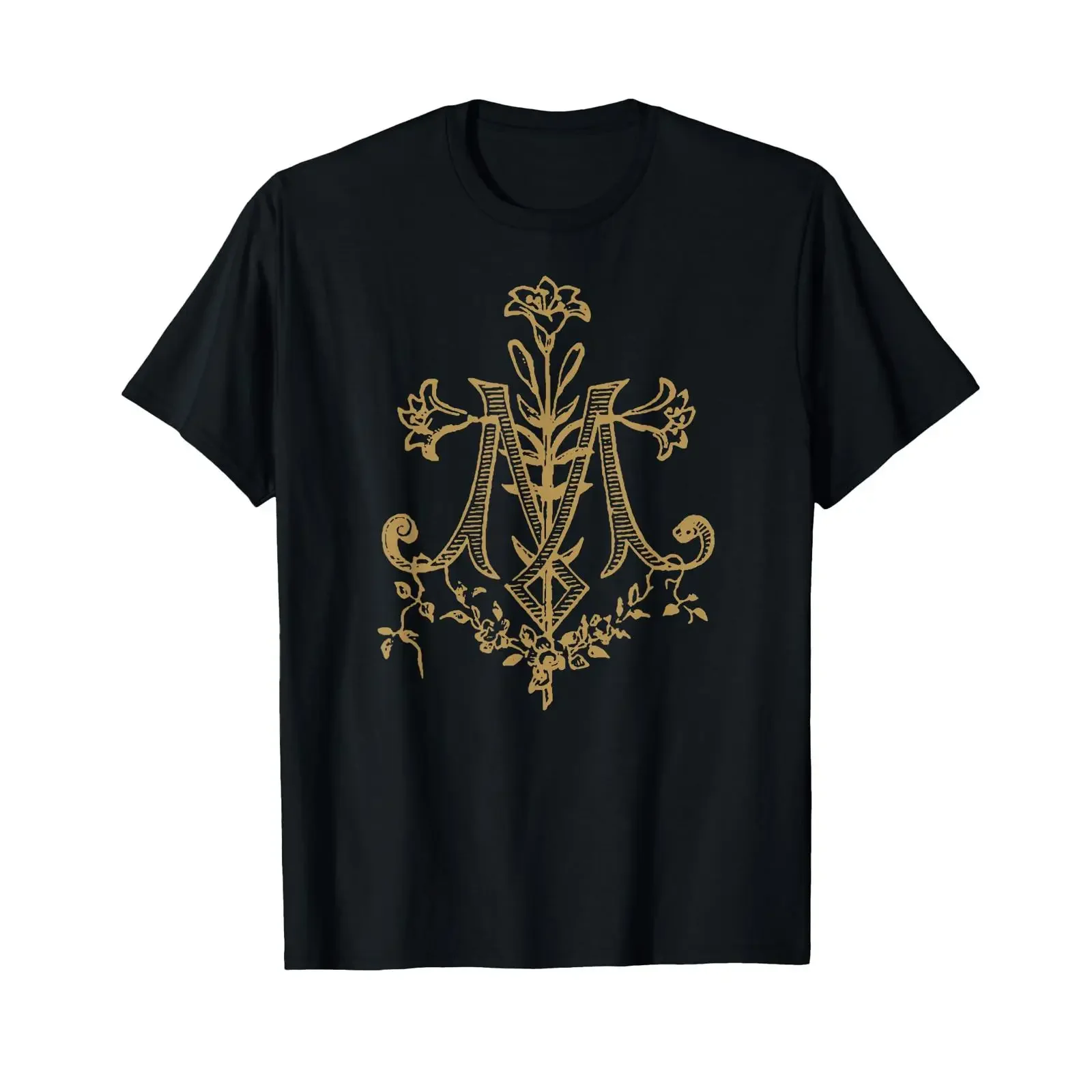 Vintage Virgin Mary Monogram Auspice Maria Catholic T Shirt vintage Washed Breathable homme Soft designer clothes Slightly