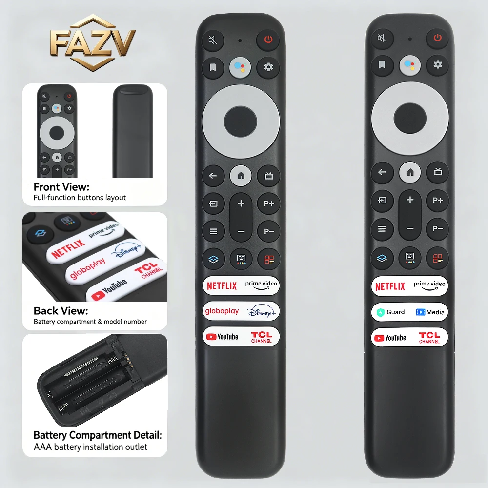 FAZV Voice Remote for TCL RC902V FMR1/FMR2 65/75R635 50P725G 65P735K 75H720 65X925 32/40S330 8K QLED Android Smart TV