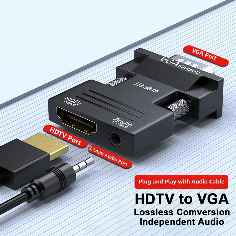 HDMI Female to VGA Male Adapter with Audio Cable, Ideal for Projectors, PCs, HDTVs and Set-Top Boxes
