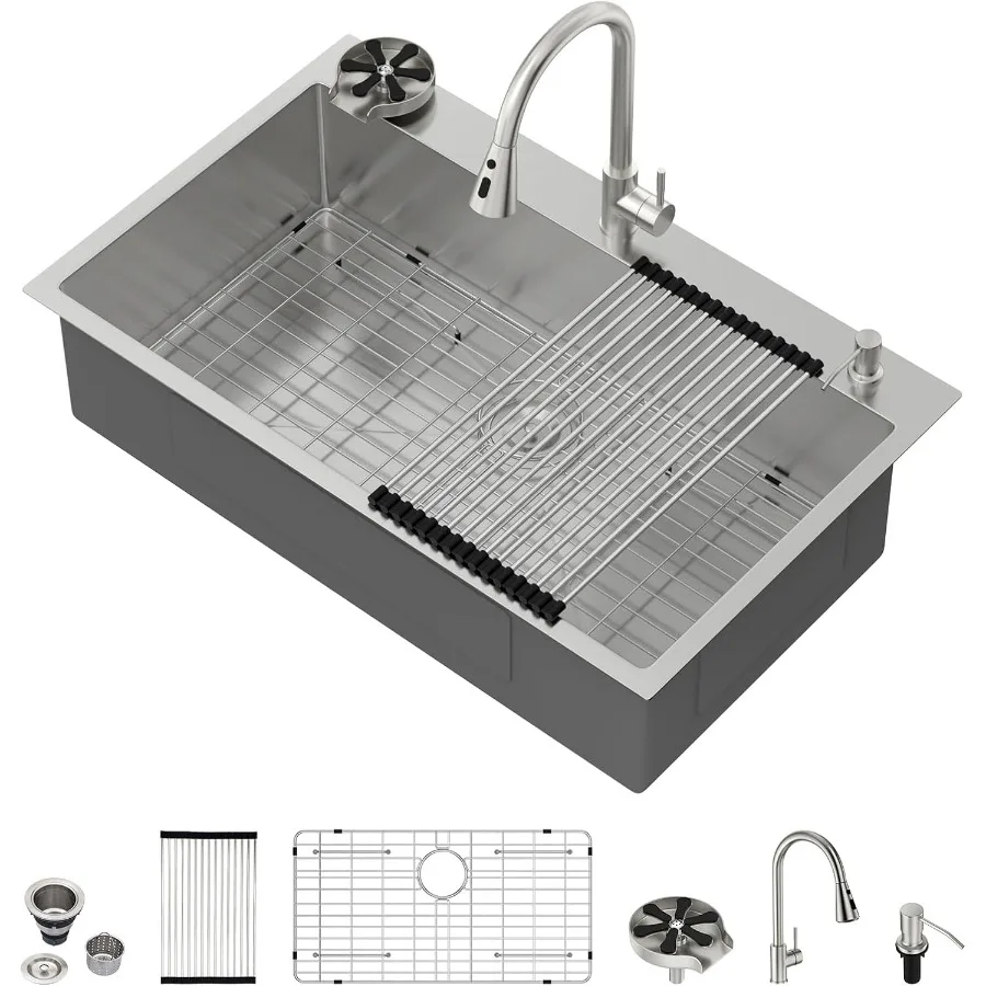 36 قطرة في حوض المطبخ مع صنبور قابل للسحب وموزع صابون للمطابخ الحديثة - وعاء فردي من الفولاذ المقاوم للصدأ فوق العداد #1
