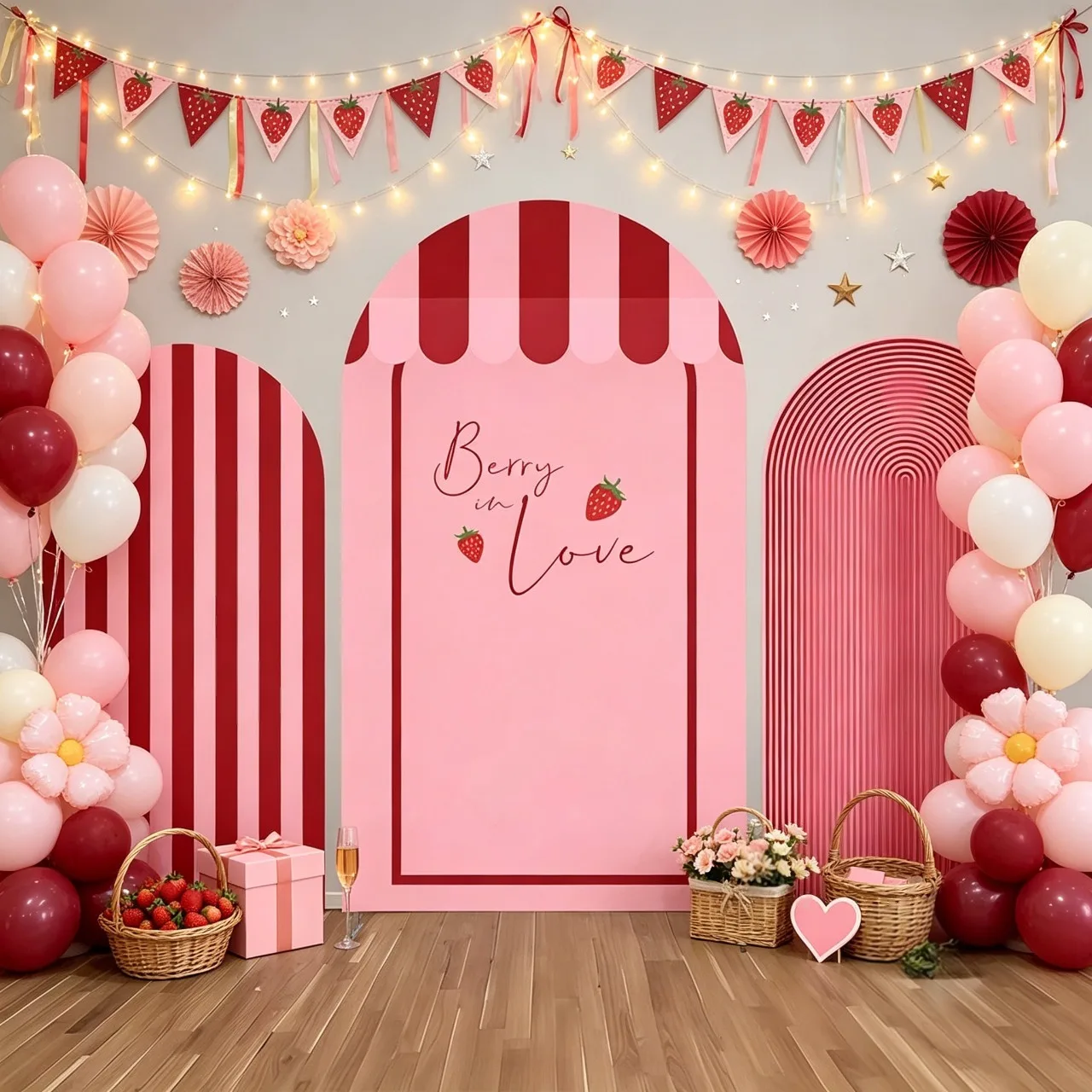 Mehofond Berry in Love Arch Backdrop Retro Dessert Shop Stripes Birthday Party Couple Anniversary Engagement Background Decor