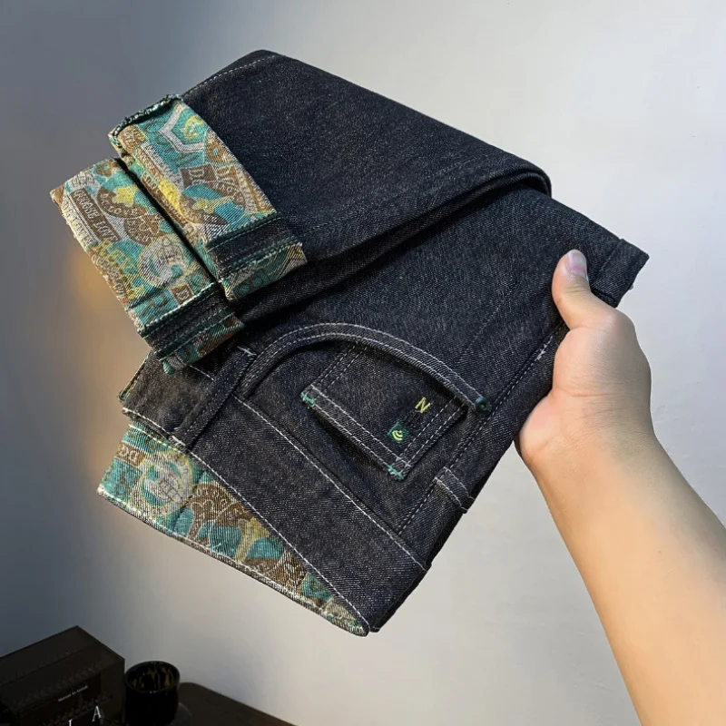 Celana ketat pria, Jeans warna utama dicuci, kasual bercetak, Denim Slim Fit musim gugur 2024