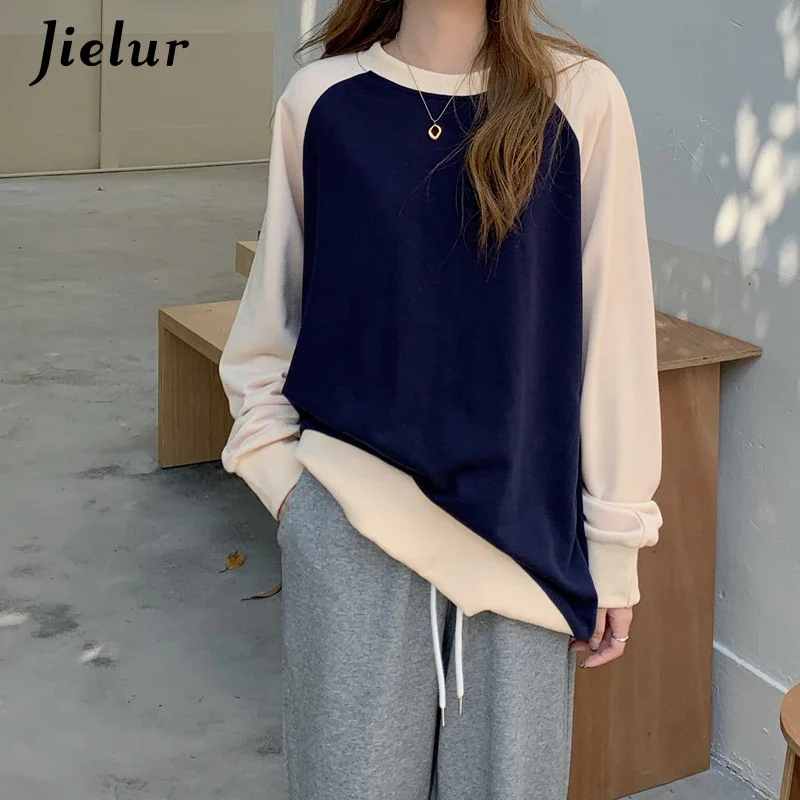 

Jielur Korean Style Hit Color Female Hoodies Navy Apricot Patchwork Pullovers Chic Loose Casual Women Sweatshirt Raglan Sleeve