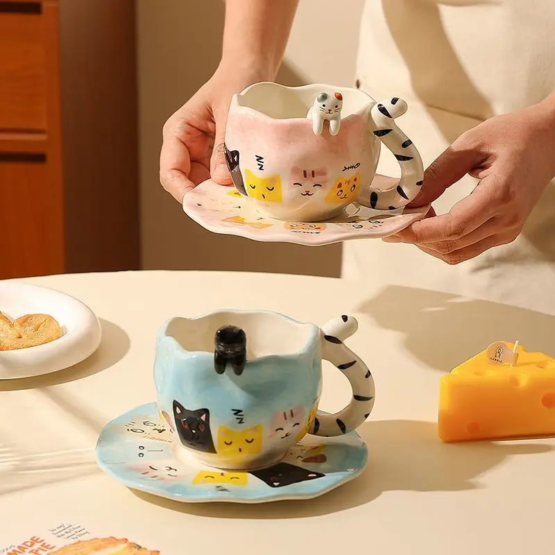 Cute Cat Tail Hand Painted Ceramic Coffee Cup & Saucer, 3D Handmade Animal Relief Mug,Ins Afternoon Tea Set, Gift for Cat Lovers