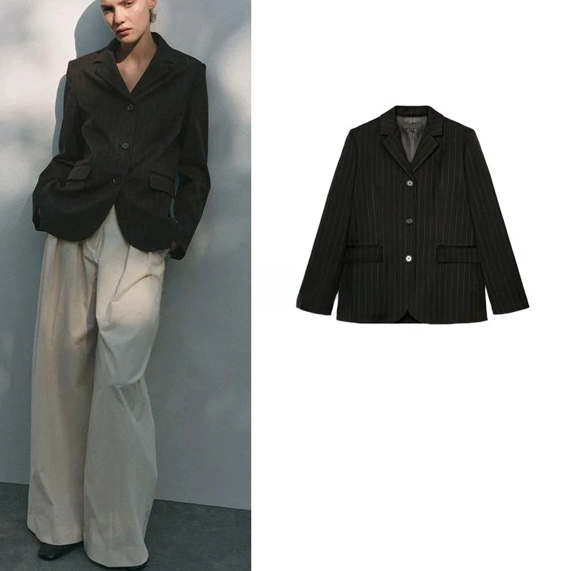 

mat Stripe Patterned Long Sve Retro Collar Women's Suit Jaet New Arrival Spring Season Commute Sle Straight Cut