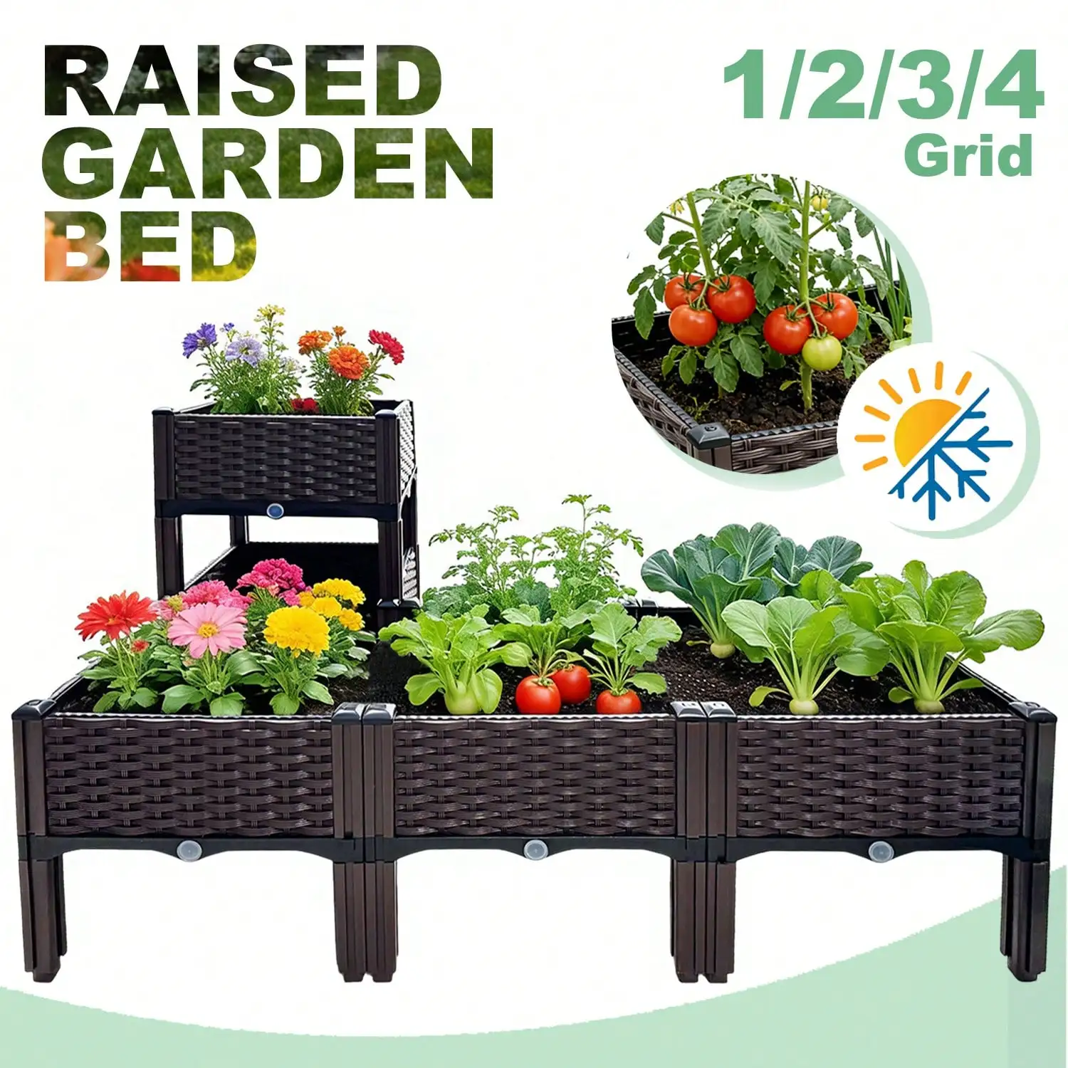 4-In-1 Raised Garden Bed With Legs, Classic Woven Black Plastic Planter Box, Ideal For Outdoor Use-Perfect For Growing Flowers, Vegetables And Herbs | Lightweight And Durable, Multi-Component Designed Raised Garden Bed (HK)