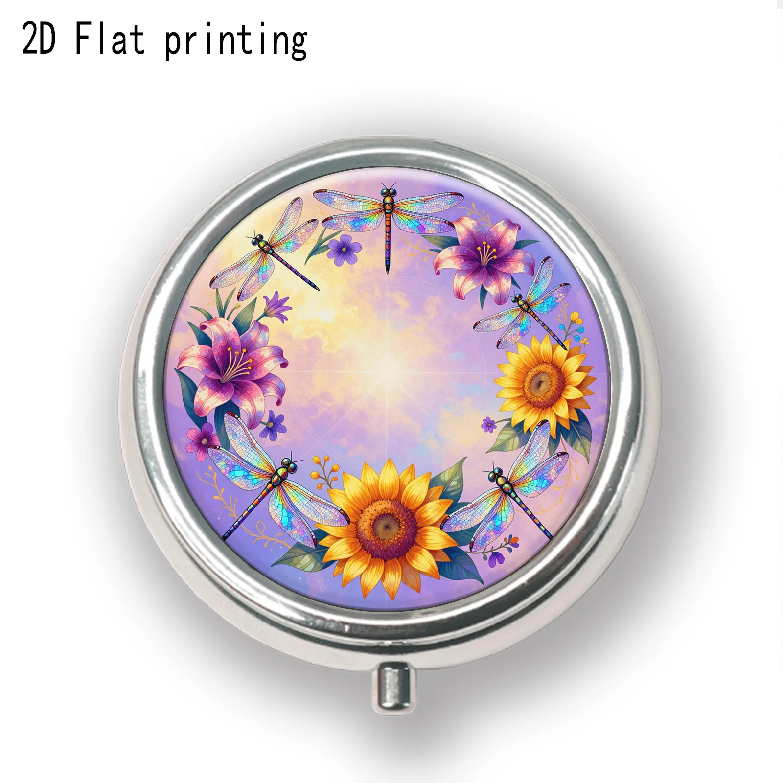 Single pack, flat print, natural style dragonfly and floral design, or in a wallet case, decorative three-compartment vitamin accessory storage box, organizes daily vitamins or medication, unique travel storage solution