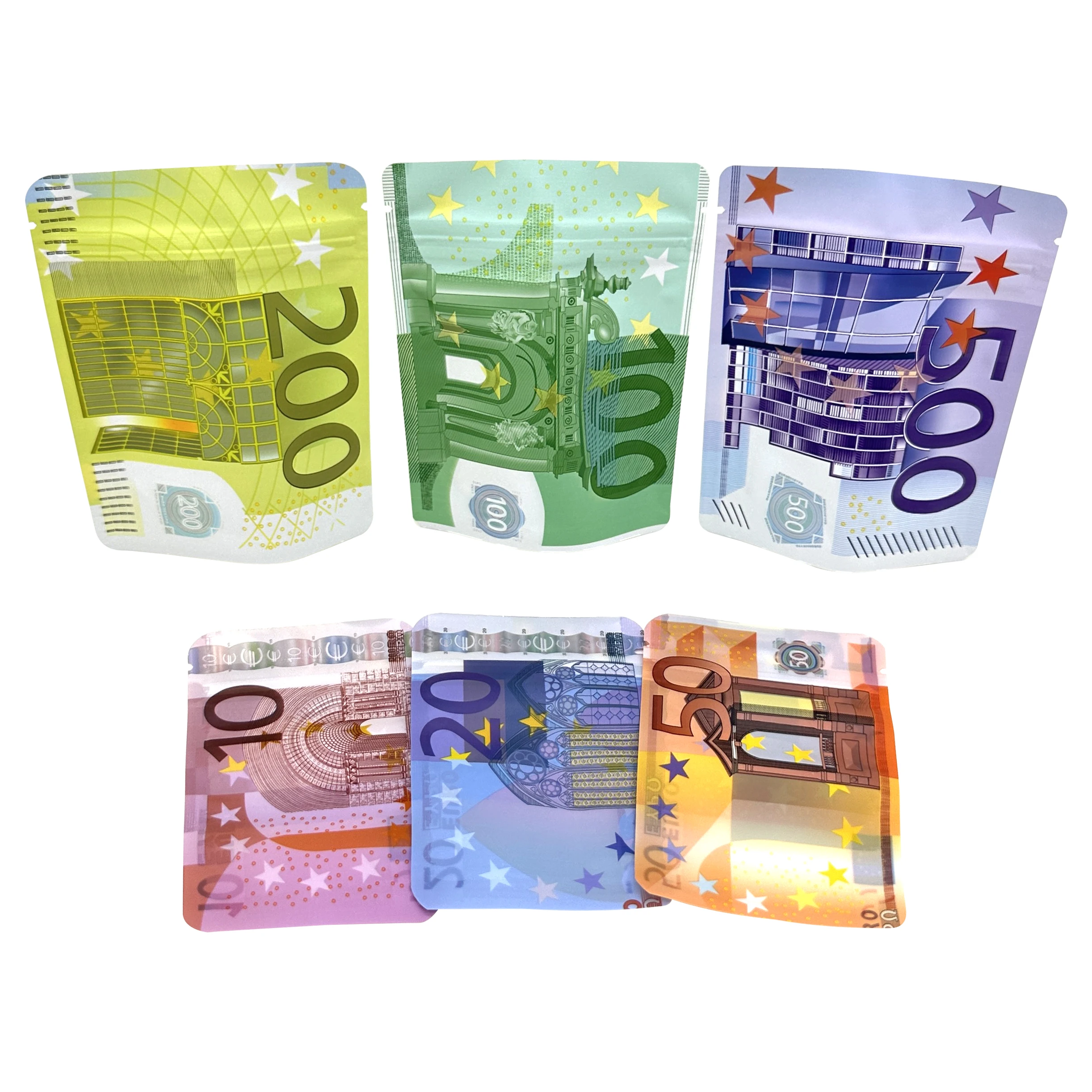 10€ 20€ 50€ 100€ 200€ 500€ Bills Paper Zip lock Bag Small Pouch With Clear Window 1-3.5G Mylar Small Bag Customized Design EURO