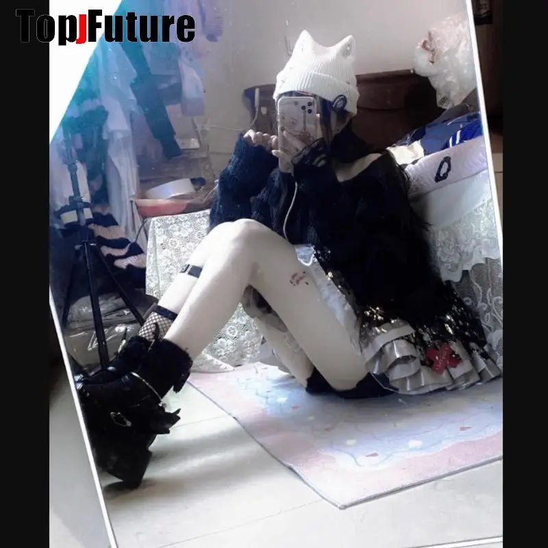 Harajuku Gothic Lolita Knitted Cat Ear Hat Women Punk Designer Bling Cross Winter Beanie Hat Female Y2K Girls Accessories Cap