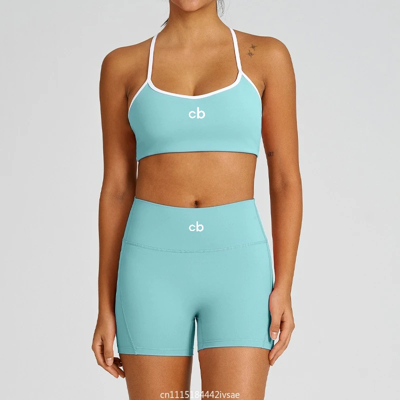 2026 Summer Women Color-Block Yoga 2-Piece Set Strappy Back Built-in Bra High Waist Shorts Tummy & Butt Support Sport Outfit