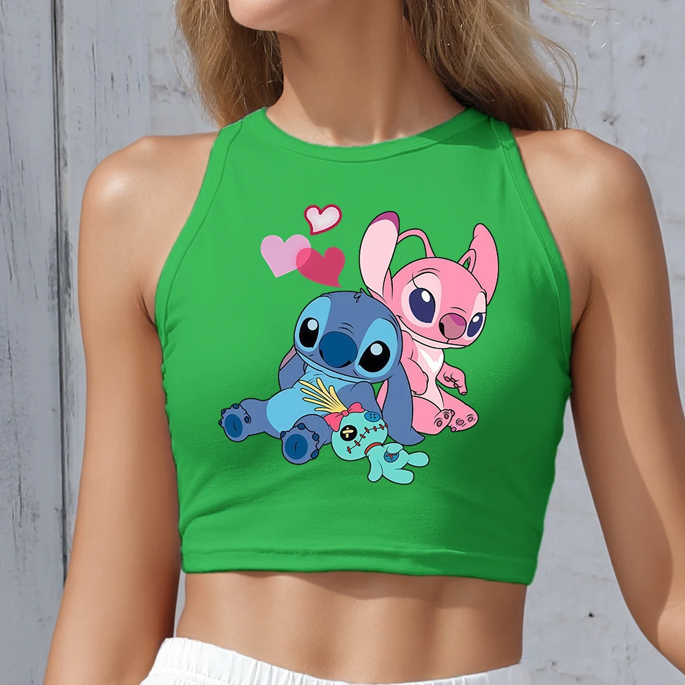 

Kawaii Cartoon Stitch Crop Tops Women Y2K Clothes Fashion Yoga Sport Vest Streetwear Ladies Sexy Shoulder Off Sleeveless Tops