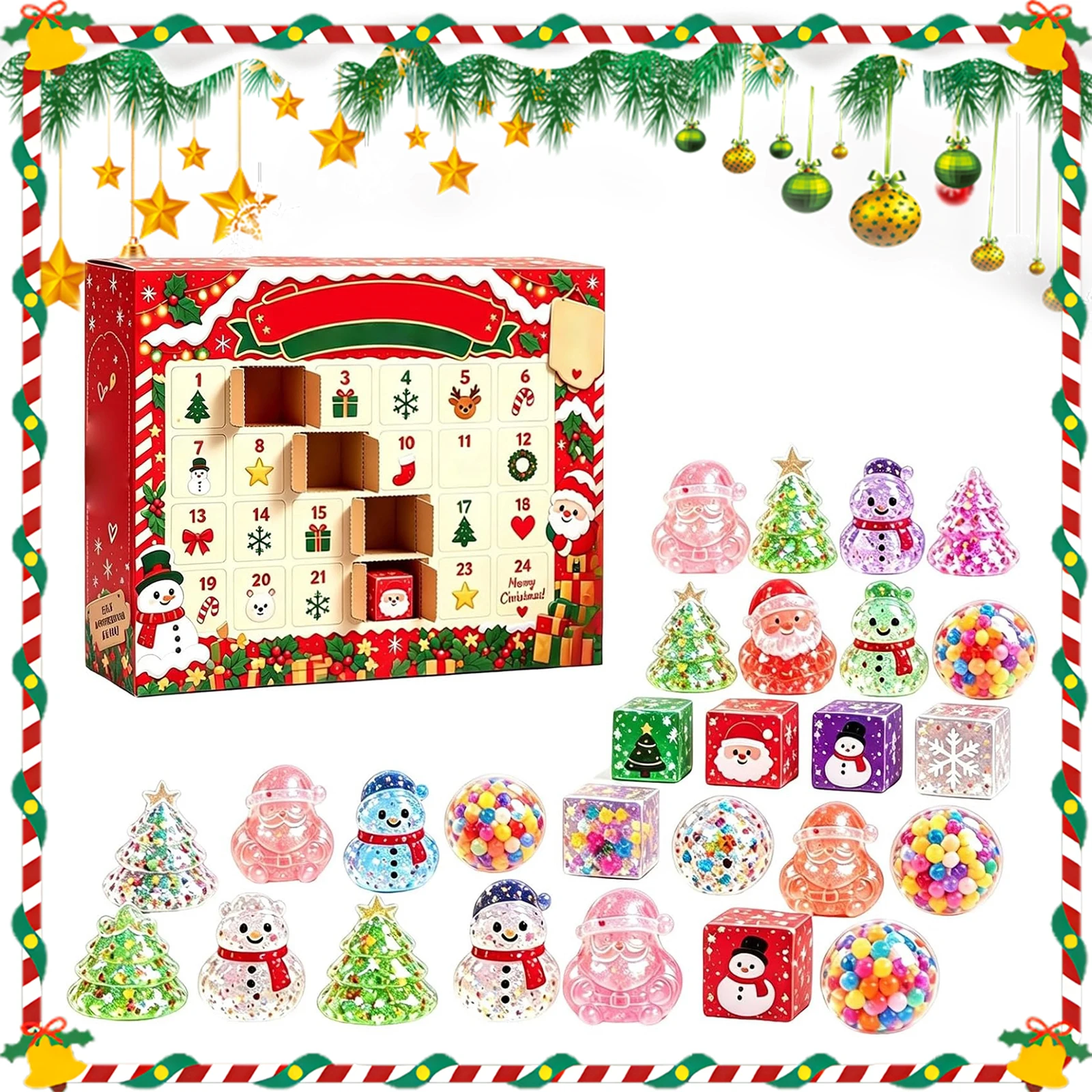 Holiday Advent Calendar 24 Soft TPR Santa Snowman Tree Glitter Squeeze Toy Calming Holiday Gift