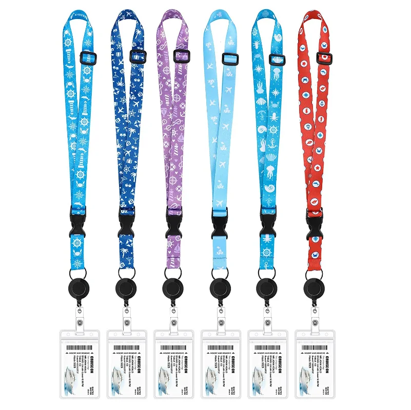 Polyester Printed Lanyard with Retractable Fixed Buckle Keychain PVC ID Card Sleeve Waterproof Card Sleeve Office School Supply