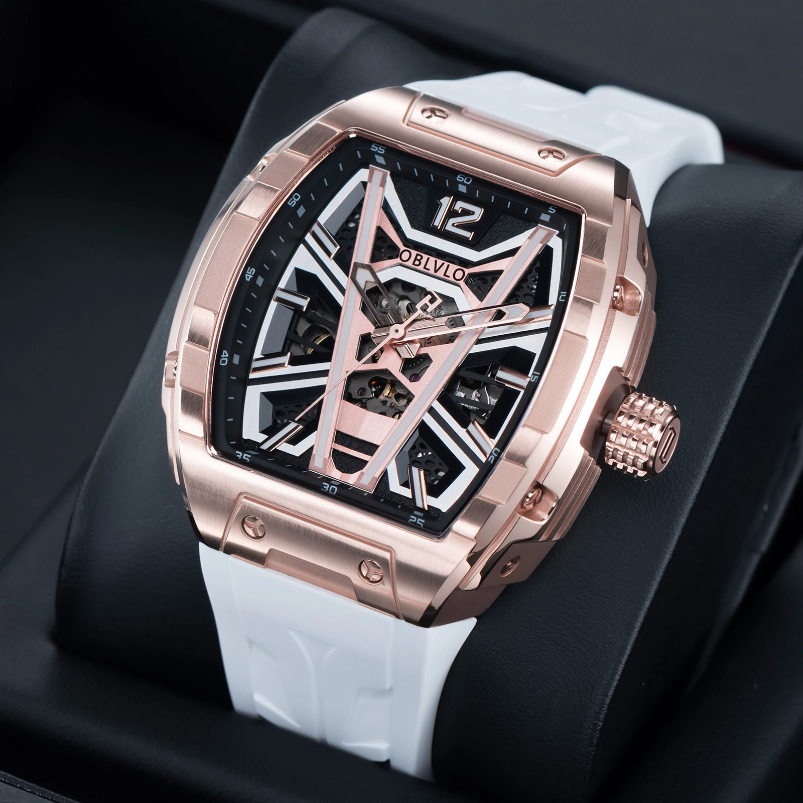 OBLVLO Herren Roségold Tonneau Mechanische Automatikuhr mit Ausgehöhltem Zifferblatt, Wasserdicht, mit Weißem Gummiband, Elegante Uhr ZM-MA