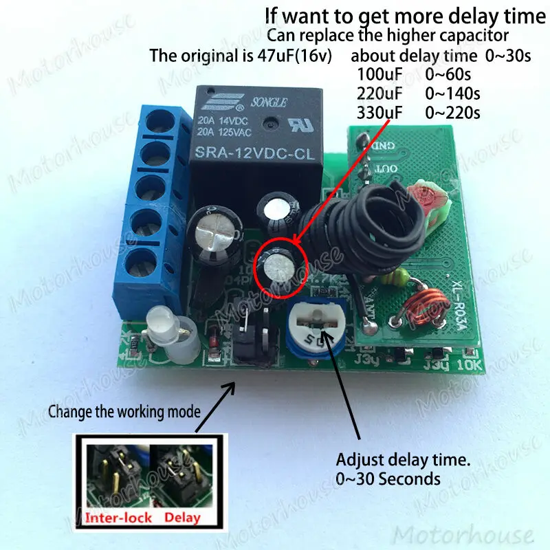 DC 12v 20A single-channel 1Ch RF Wireless Remote Control Relay Switch + Timer Delay Time Turn on/off Switch Module