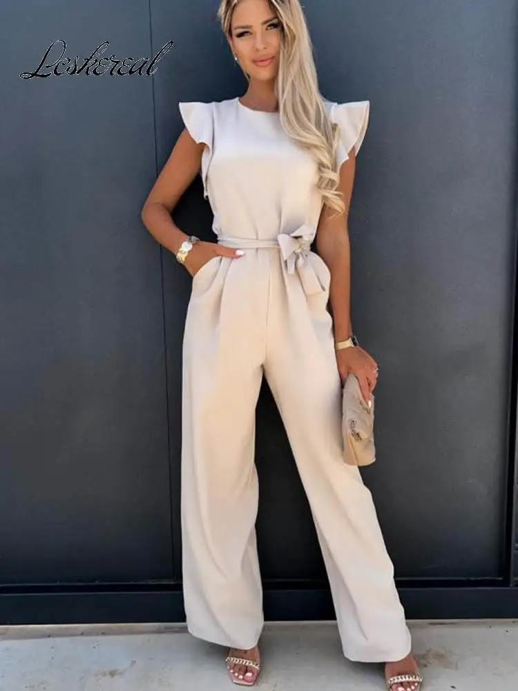 Fashion kupu-kupu lengan lebar kaki Jumpsuit wanita 2024 musim panas kasual elegan baju monyet Vintage Streetwear Jumpsuit overall wanita