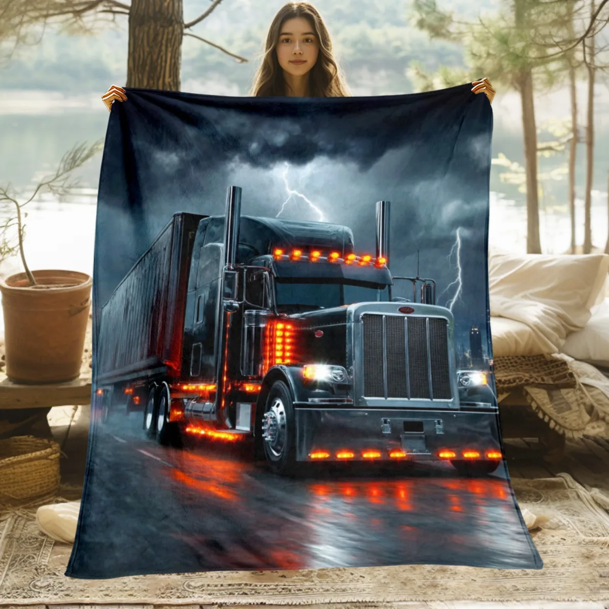Personalized Truck Blanket Name Storm Art Soft Fleece Throw Trucker Gift Home Decor Thunder Theme