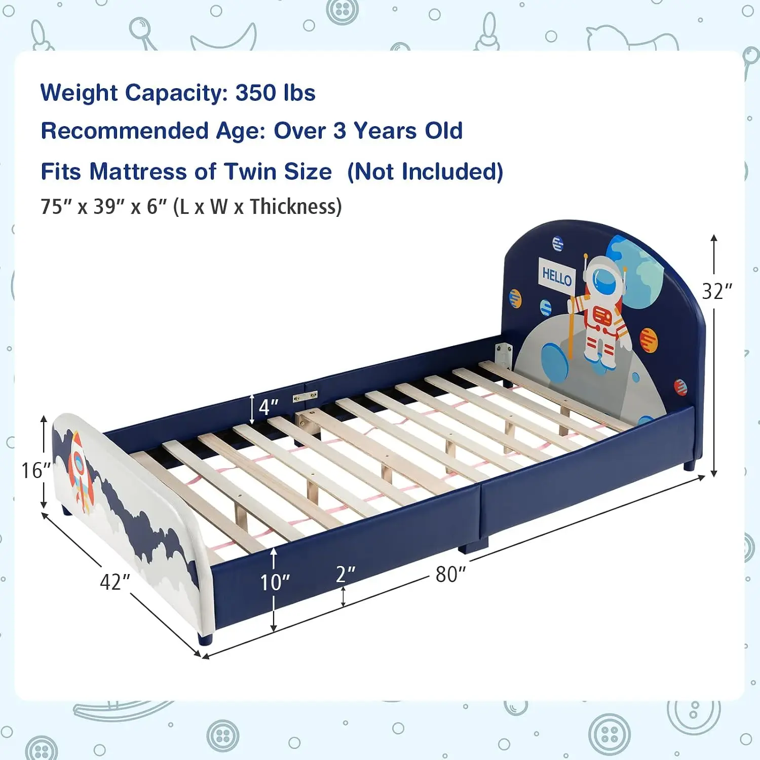 Astronaut Kids Twin Bed Wood Upholstered Platform Slat Support Padded Headboard Footboard No Box Spring Needed Easy Assembly Fit