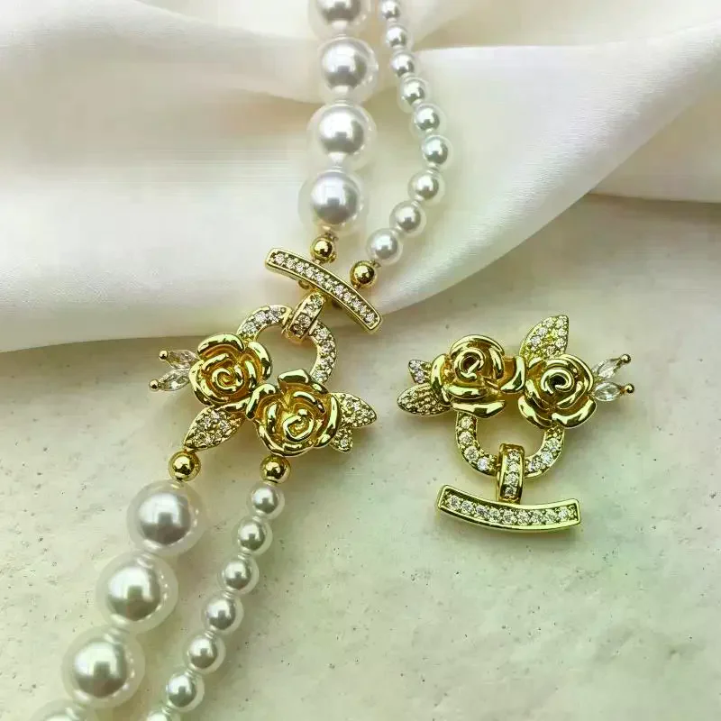 Brass Rose Pearl Multi-Row Bracelet Necklace Set Anti-Fade End Connecting Buckle for Mother's Day Surprise Gift