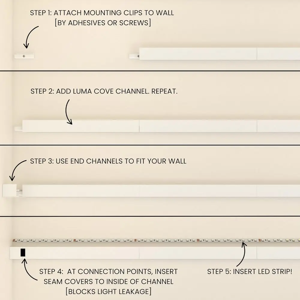 طقم إخفاء شريط LED بطول 16.4 أقدام/5 متر - إضاءة كوف صديقة للإيجار للجدران