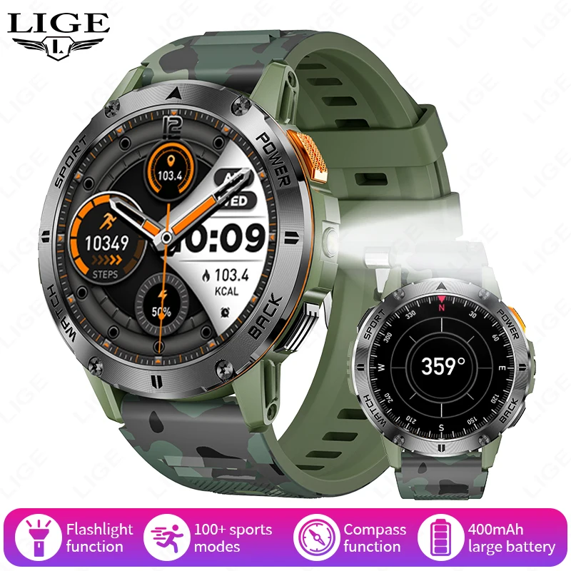 LIGE 2025 Outdoor GPS Sports Tracker Smart Watch Men Compass Bluetooth Call Waterproof Smartwatch LED Flashlight Ftiness Watches