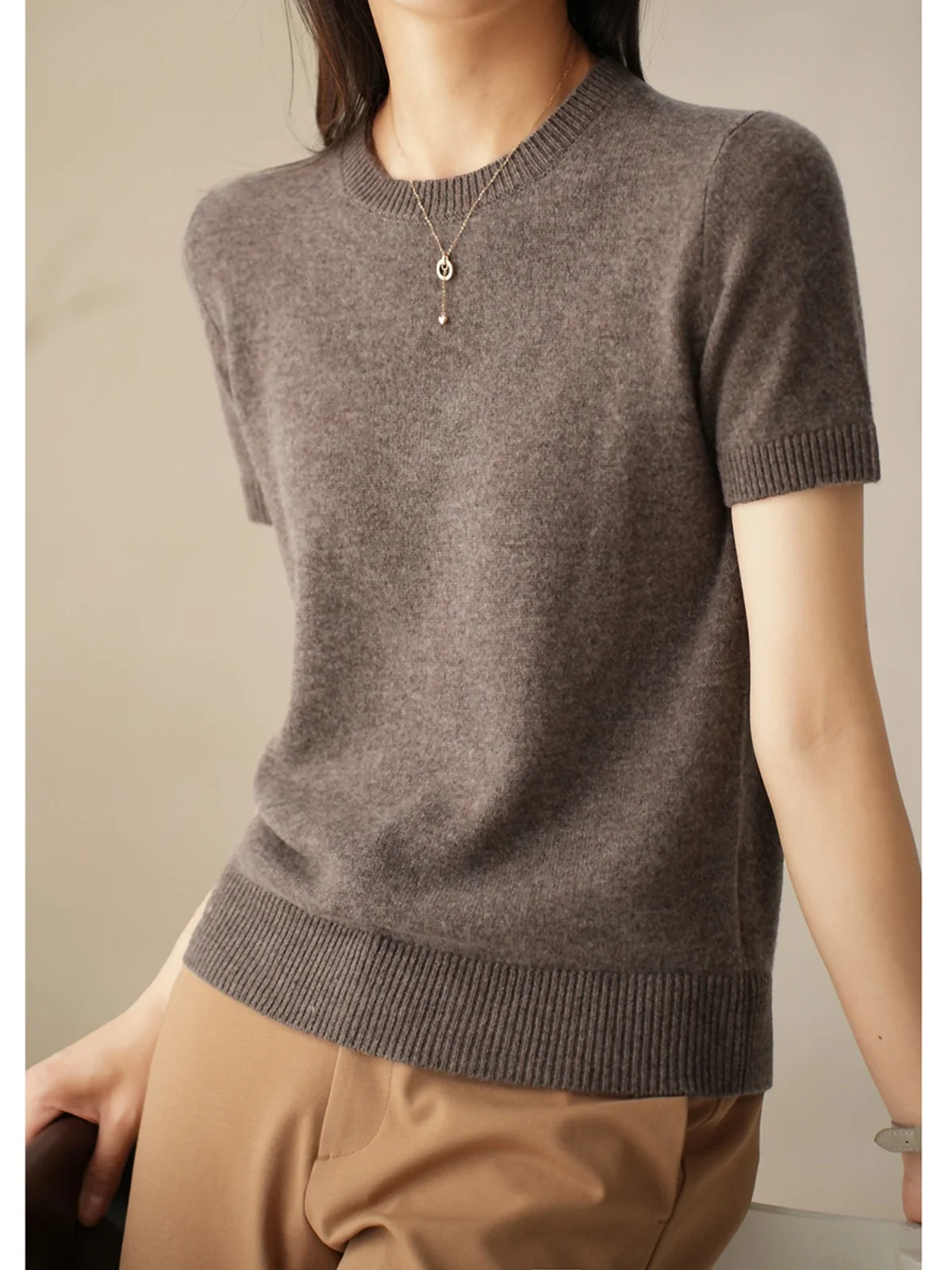 

Women's Knitted ort Sve round Ne T-irt Wool Camere Double Twist 26 Teads Spring Autumn Sle Base irt