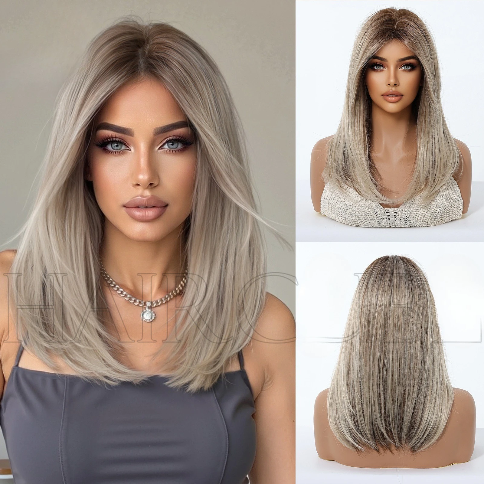 

European and American wigs medium short hair gradual change dyeing eight-character bangs short straight hair wig full head cover