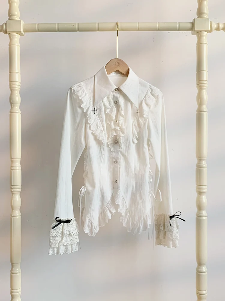Original Design Gothic Black and White Waist Trimming Shirt 2024 Spring and Summer Lolita Women's Solid Color Blouse Shirts