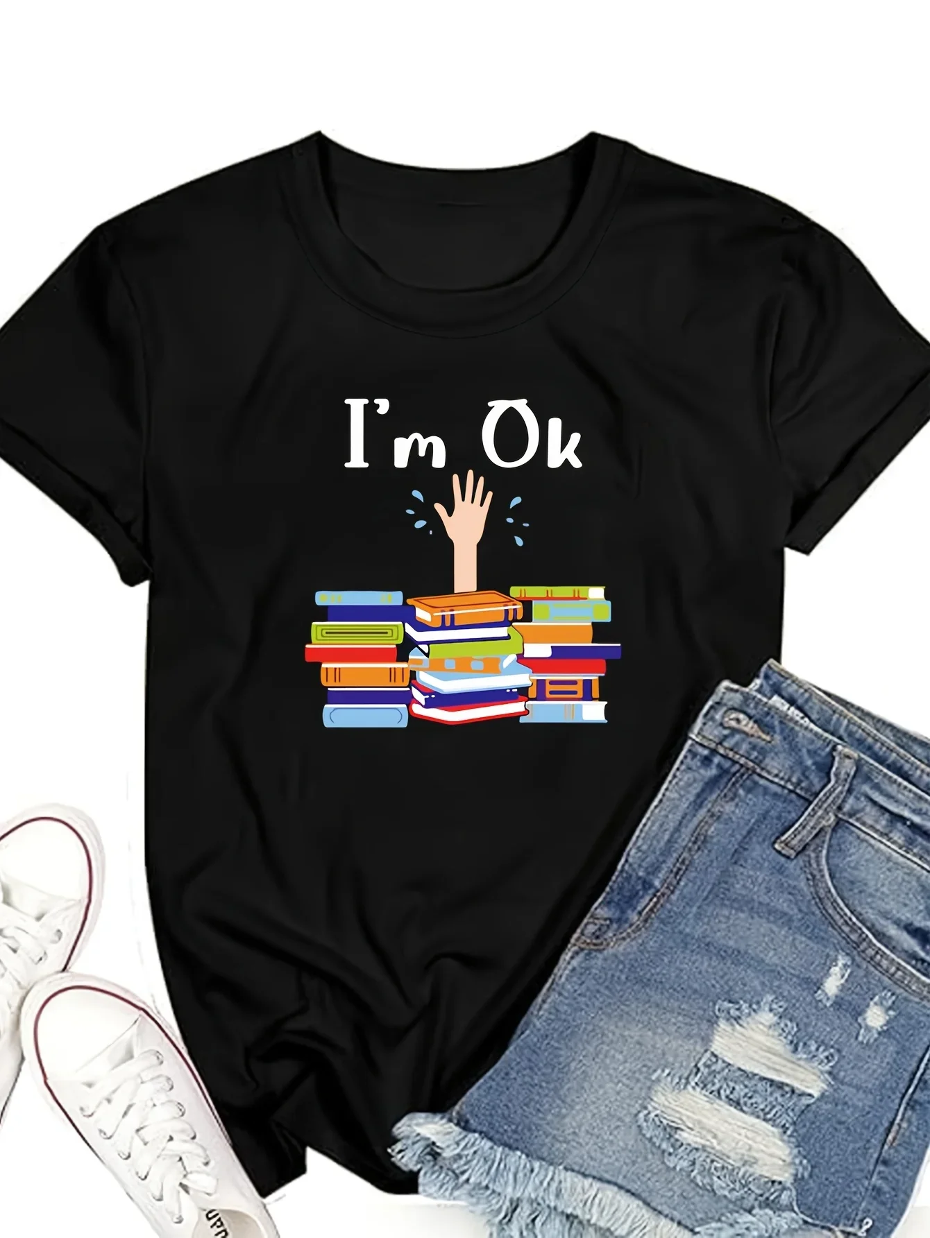 

Short Sleeve Regular Length All-Season T-Shirt Women'S Casual "I'm Ok" Book Stack Graphic Crew Neck Women Clothing Fashion Y2K