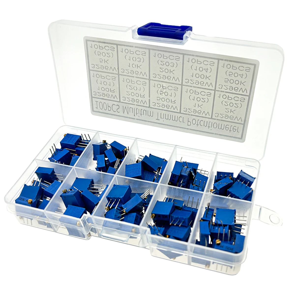 100Pcs 3296W Multiturn Trimmer Potentiometer 100R 200R 500R 1K 2K 5K 10K 20K 100K 500K Ohm Variable Resistor Box Kit